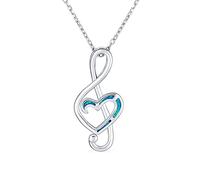 Bling Jewelry Musical Gemstone Music Student Teacher Created Blue Opal Inlay Heart Treble Clef Note Pendant Necklace For Teen Women .925 Sterling Silver