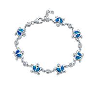 Bling Jewelry Nautical Aquatic Tropical Beach Vacation Iridescent Blue Created Opal Inlay Sea Tortoise CZ Accent Heart Multi Charm Turtles Bracelet For Women Teen .925 Sterling Silver