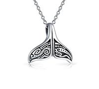 Bling Jewelry Nautical Sea Lover Vacation Honeymoon Mermaid Fin Ocean Marine Life Whale Tail Pendant Necklace For Women Men Oxidized .925 Sterling Silver