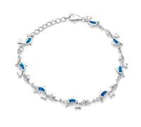 Bling Jewelry Nautical Tropical Beach Vacation Iridescent Blue Created Opal Inlay Multi-Charm Dolphins Bracelet Anklet Link For Women .925 Sterling Silver Adjustable 7.5-9 Inch