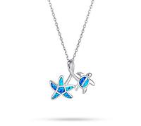 Bling Jewelry Nautical Tropical Beach Vacation Iridescent Blue Created Opal Inlay Sea Turtle Starfish Pendant Necklace For Women For Teen .925 Sterling Silver