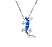 Bling Jewelry Nautical Tropical Vacation Beach Blue Created Opal Gecko Lizard Pendant Necklace For Women Teen .925 Sterling Silver