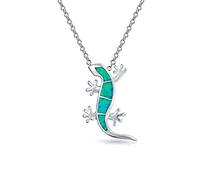 Bling Jewelry Nautical Tropical Vacation Beach Green Created Opal Gecko Lizard Pendant Necklace For Women Teen .925 Sterling Silver