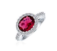 Bling Jewelry Oval Solitaire Cubic Zirconia CZ Pave Simulated Red Garnet Statement Fashion Ring For Women Silver Plated Brass Customizable