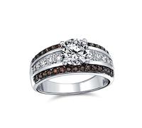 Bling Jewelry Personalize AAA CZ Two Tone Chocolate Brown Color Clear Round Brilliant Cut Solitaire Engagement Ring For Women 3 Row Wide Pave Band Silver Plated Customizable