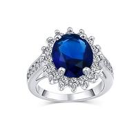 Bling Jewelry Personalize Classic Traditional Royal Blue CZ Crown Halo Oval Cubic Zirconia Simulated Sapphire Engagement For Women Side Stones Promise Ring Silver Plated Customizable