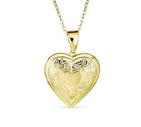 Bling Jewelry Personalize Engrave Initials Vintage Style Traditional Keepsake Puff carved Leaf Heart Shaped Photo Locket For Women Teens Holds Photos Pictures 18K Gold Plated Necklace Pendant
