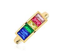 Bling Jewelry Personalize Engrave Unisex Colorful Couples Princess Cut Square CZs Rainbow Ring LGBTQ Band Ring Men Women Gold Tone Stainless Steel 6MM Customizable