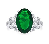 Bling Jewelry Personalize Fleur De Lis Pave Accent AAA CZ Estate Vintage Style Large Oval Solitaire Cubic Zirconia Simulated Emerald Green Cocktail Statement Ring For Women Silver Plated Customizable