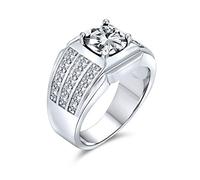 Bling Jewelry Personalize Gemstone AAA Cubic Zirconia 3 Row Pave Wide Side Band AAA CZ Solitaire Statement Mens Engagement Ring Silver Plated Customizable