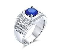 Bling Jewelry Personalize Gemstone AAA Cubic Zirconia 3 Row Pave Wide Side Band Simulated Blue Sapphire AAA CZ Solitaire Statement Mens Engagement Ring Silver Plated Customizable