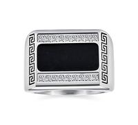Bling Jewelry Personalize Geometric Pave CZ Accent Cubic Zirconia Mens Rectangle Signet Statement Greek Key Design Band Ring For Men Black Enamel Stainless Steel Custom Engraved