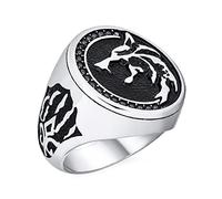 Bling Jewelry Personalize Hunter Animal Norse Viking Warrior Signet Fierce Roaring Big Wolf Head Coin Ring For Men Oxidized Stainless Steel Customizable