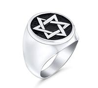 Bling Jewelry Personalize Large Statement Religious Magen Judaic Hanukkah Star Of David Bar Mitzvah Round Signet Band Ring For Men Enamel Silver Tone Stainless Steel