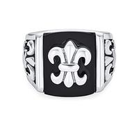 Bling Jewelry Personalize Men's Simulated Black Onyx Fleur De Lis Square Signet Ring For Men Silver Tone Stainless Steel
