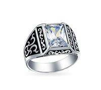 Bling Jewelry Personalize Scroll Emerald Cut Cubic Zirconia AAA CZ Engagement Ring For Men Two Tone Oxidized .925 Silver Handmade In Turkey Customizable