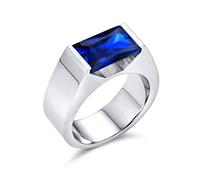 Bling Jewelry Personalize Simple Geometric Rectangular Simulated Blue Sapphire or Clear Cubic Zirconia Emerald Cut AAA CZ Statement Engagement Ring For Men Silver Tone Stainless Steel
