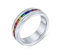 Bling Jewelry Personalize Unisex Colorful Couples CZ Rainbow LGBTQ Eternity Ring Wedding Band Ring Men Women Silver Tone Stainless Steel 8MM Customizable