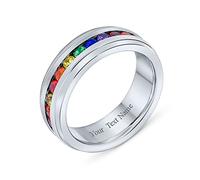 Bling Jewelry Personalize Unisex Colorful Couples CZ Rainbow LGBTQ Eternity Ring Wedding Band Ring Men Women Silver Tone Stainless Steel 8MM Custom Engraved