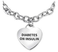 Bling Jewelry Personalized Diabetes On Insulin Medical ID Link Chain Bracelet Heart Shape Charm Tag For Women Teen Stainless Steel 7 Inch Custom Engraved