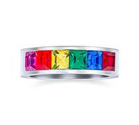 Bling Jewelry Personalized Engrave Unisex Colorful Pride Month Couples CZ Rainbow Ring LGBTQ Wedding Band Ring Men Women Silver Tone Stainless Steel 8MM