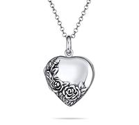 Bling Jewelry Personalized Engrave Vintage Style Carved Floral Flower Rose Photo Heart Shape Lockets Necklace Pendant For Women That Hold Pictures Oxidized .925 Sterling Silver Customizable