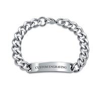 Bling Jewelry Personalized Identification Name Plated Curb Cuban Link ID Bracelet For Men Silver Tone Stainless Steel 7.5 Inch Custom Engraved