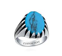 Bling Jewelry Personalized Men's Animal Claw Set Large Oval Cabochon Gemstone Blue Created Turquoise Signet Statement Western Ring For Men Oxidized .925 Silver Handmade In Turkey Custom Engraved
