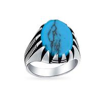 Bling Jewelry Personalized Men's Animal Claw Set Large Oval Cabochon Gemstone Blue Created Turquoise Signet Statement Western Ring For Men Oxidized .925 Silver Handmade In Turkey Customizable
