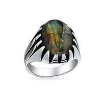 Bling Jewelry Personalized Men's Animal Claw Set Large Oval Cabochon Gemstone Iridescent Labradorite Signet Statement Western Ring For Men Oxidized .925 Silver Handmade In Turkey Customizable