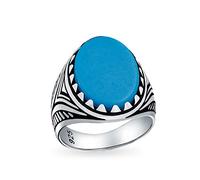 Bling Jewelry Personalized Men's Animal Wolf Claw Set Large Oval Cabochon Gemstone Blue Created Turquoise Signet Statement Western Ring For Men Oxidized .925 Silver Handmade In Turkey Customizable