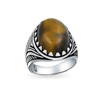 Bling Jewelry Personalized Men's Animal Wolf Claw Set Large Oval Cabochon Gemstone Brown Tiger Eye Signet Statement Western Ring For Men Oxidized .925 Silver Handmade In Turkey Customizable
