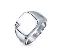 Bling Jewelry Personalized Mens Cubic Zirconia CZ Accent Engrave Monogram Initial Statement Square Signet Ring For Men Silver Tone Stainless Steel