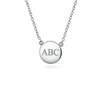 Bling Jewelry Personalized Minimalist Round Circle Disc Geometric Engravable Monogram Alphabet A-Z Initial Station Pendant Necklace For Women For Teen .925 Sterling Silver Custom Engraved