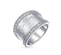 Bling Jewelry Personalized Modern Style CZ Accent Band Fashion Statement Brushed Hammered Matte Finish Wide Band Ring For Women Silver Plated Brass Customizable