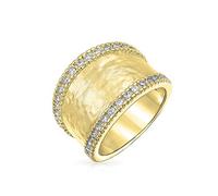 Bling Jewelry Personalized Modern Style CZ Accent Band Fashion Statement Brushed Hammered Matte Finish Wide Band Ring For Women Yellow Gold Plated Brass Customizable