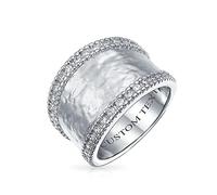 Bling Jewelry Personalized Modern Style CZ Accent Band Fashion Statement Brushed Hammered Matte Finish Wide Band Ring For Women Silver Plated Brass Custom Engraved