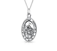 Bling Jewelry Personalized Saint Christopher Parton Of Safe Travel Protect US Medal Medallion Oval .925 Silver Pendant Necklace Custom Engraved