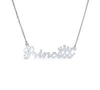 Bling Jewelry Personalized Sideways Station Necklace Dainty Cursive Script Letters Tiara Crown & Princess Word Necklace Pendant For Women Daughter Girlfriend Polished .925 Sterling Silver