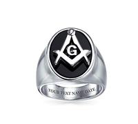 Bling Jewelry Personalized Square Compass Black Oval Mens Signet Freemason Masonic Ring For Men Stainless Steel Custom Engraved