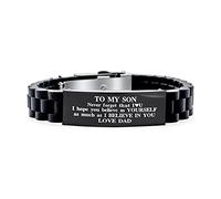 Bling Jewelry Personalized To My Son Courage Inspirational Identification ID Bracelet for Son Grandson Step-Son Black Stainless Steel Trim-to-Fit Adjustable Silicone Rubber Comfort Fit Wristband