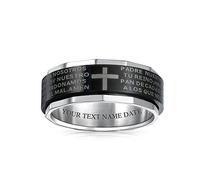 Bling Jewelry Personalized Unisex Religious Padre Nuestro Lords Pray Cross Fidget Spinner Ring Band For Men Women Teens Black Silver Tone Stainless Steel Custom Engraved