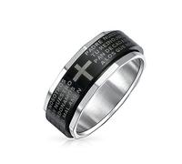 Bling Jewelry Personalized Unisex Religious Padre Nuestro Lords Pray Cross Fidget Spinner Ring Band For Men Women Teens Black Silver Tone Stainless Steel