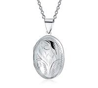 Bling Jewelry Personalized Vintage Style .925 Silver Oval Shape Lockets for Women Engraved Floral Leaf Design Holds Pictures Large Photo Locket Necklace Pendant