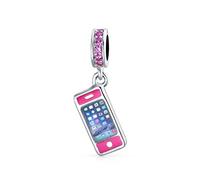 Bling Jewelry Pink Cellular Cell Mobile Smart Phone Dangle Charm Bead For Women Teen Enamel .925 Sterling Silver Fits European Bracelet