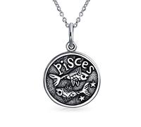 Bling Jewelry Pisces Zodiac Sign Astrology Horoscope Round Medallion Pendant For Men Women Necklace Antiqued Sterling Silver