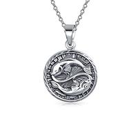 Bling Jewelry Pisces Zodiac Sign Astrology Horoscope Round Medallion Pendant For Men Women Necklace Antiqued Sterling Silver