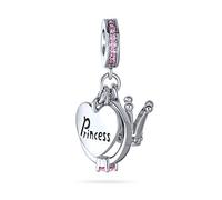 Bling Jewelry Princess Heart Crown Ring Pink Crystal Bail 3 Dangle Charm Bead For Women .925 Sterling Silver Fits European Bracelet