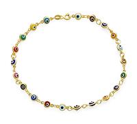 Bling Jewelry Protection Amulet Turkish Multi Color Charm Slender Evil Eyes Anklet Link Ankle Bracelet For Women Teen Yellow Gold Plated .925 Sterling Silver 10 Inch