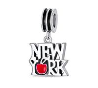 Bling Jewelry Red Big Apple Travel Vacation Tourism Saying I Love New York Dangle Charm Bead For Women For Teen Enamel .925 Sterling Silver Fits European Bracelet
